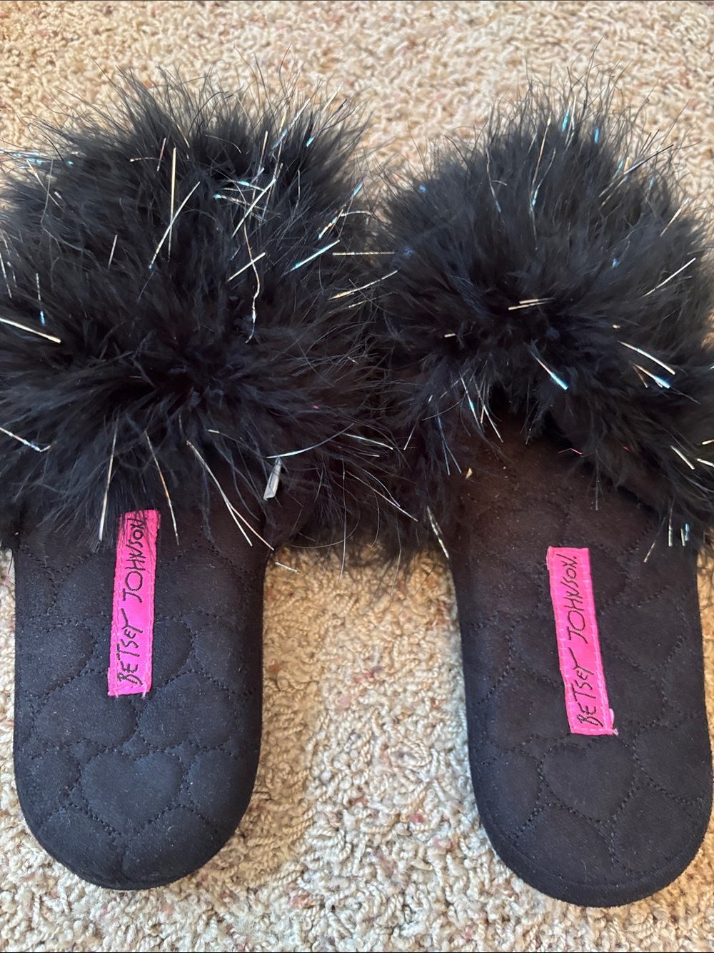 Worn Once Betsey Johnson Black Marabou Slide Slippers with Silver Tinsel - Picture 2 of 6